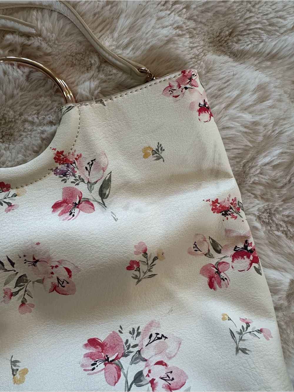 Floral Print Ivory Crossbody Bag with Gold Ring Handle and shoes - Picture 6 of 15